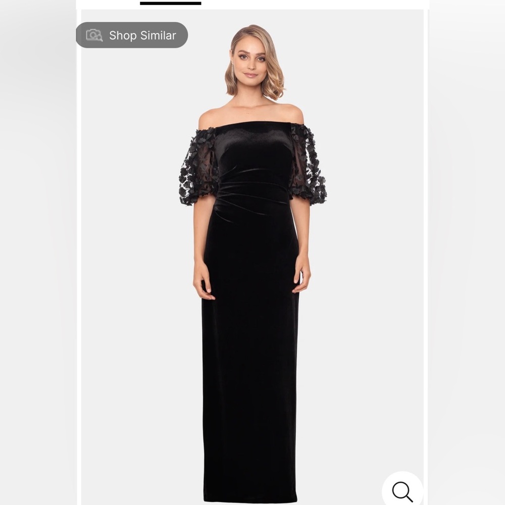 Elegant maxi length soft velvet evening gown by Escape.